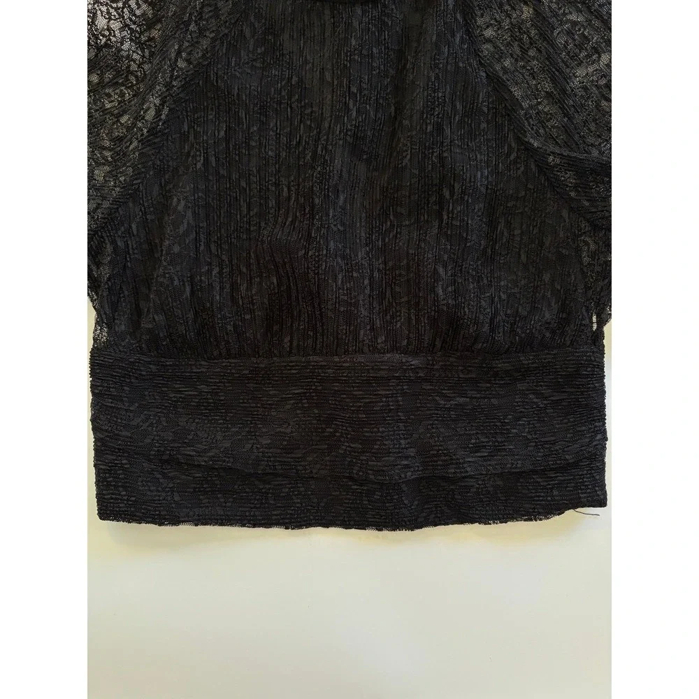 Zara Black Lace Crop Top High Neck Tie Sheer Long Sleeve Blouse Women's M